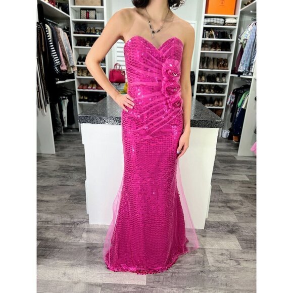 Jovani Magenta Pink Sequined Mesh Strapless Barbiecore Formal Gown $395 - Picture 2 of 12